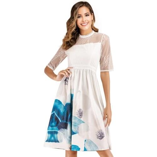 Plus Size Women Dress Summer Autumn Printed Lace Patchwork Short Sleeve High Waist Long Party Dresses Vestidos Verano