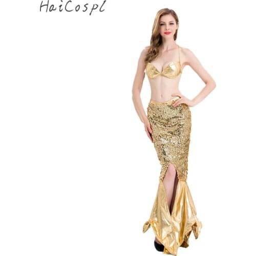 Women Summer Sexy Dress Mermaid Tail Dress Beauty Fish Cosplay Halloween Carnival Fancy Beach Costumes Sequins Green Gold