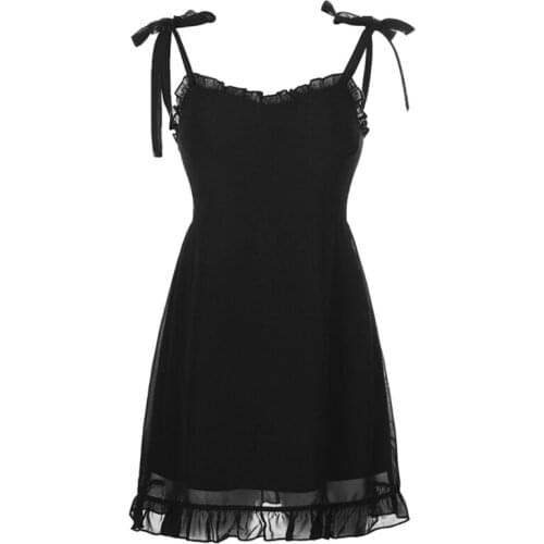 Women Goth Punk Tie Up Strap Sleeveless Black Mini Dress Sexy V-Neck Frill Ruffles Trim Skinny Pleated A-Line Streetwear H9ED