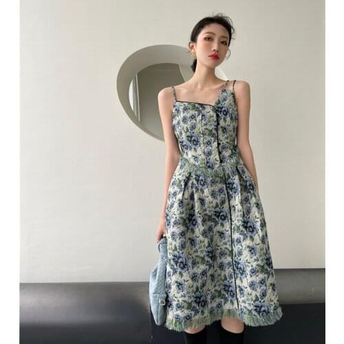 2021 New Spring Floral Design Sense Retro Hepburn Spaghetti Strips Midi Dress Elegant Bohemian Print Vestidos