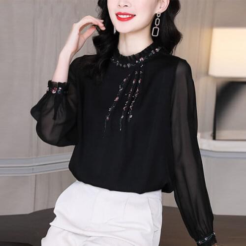 Black Shirt Womens Spring 2021 New Retro Embroidered Flower Beaded Shirt Stand Collar Blouse Women Blusas Tops