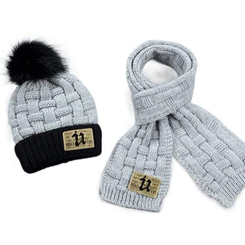 Kids Winter Fleece Lined Knit Hat Scarf Set Patch U Thick Plaid Beanie Scaft for Girls 3-10 Yrs