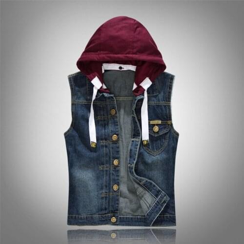 Mens Ripped Vest Jacket with Detachable Hat Casual Denim Vests Men Retro Sleeveless Slim Fit Male Jeans Tank Top Plus Size