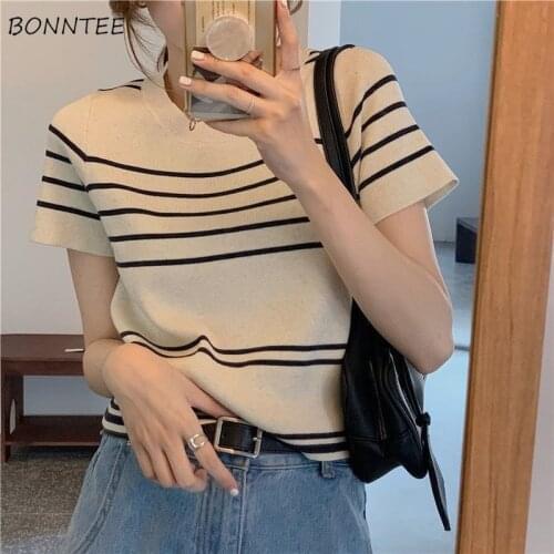 T-shirts Women Knitted Summer Loose Short Sleeve Ulzzang All-match Fashion Holiday Striped O-neck Leisure New Female Crop Tops