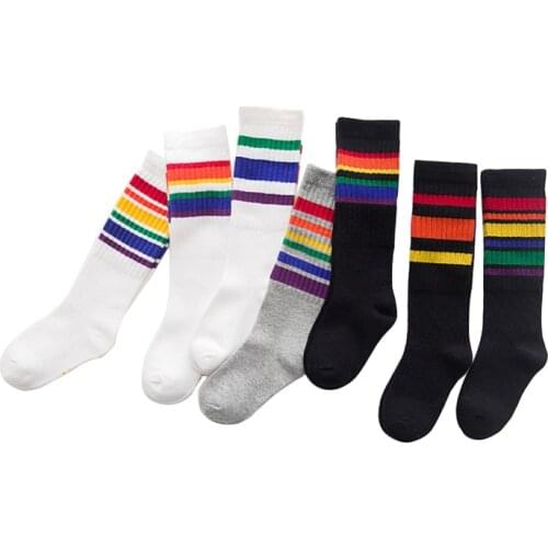 Baby girls knee rainbow socks striped colored white cotton child high sock kid toddler boy girl summer football sport long socks