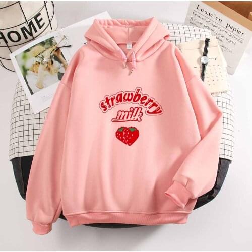 Harajuku Hoodie Hip Hop Streetwear Printed Sweatshirt Kawaii Streetwear Aesthetic Clothes Strawberry Milk Graphic Long Sleeve