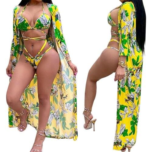 3Pieces Set Long Sleeve Bikini Cover Up Swimwear+Bikini Push up Swimsuit Women Print Bathing Suit Beachwear Swimming Suit 2XL