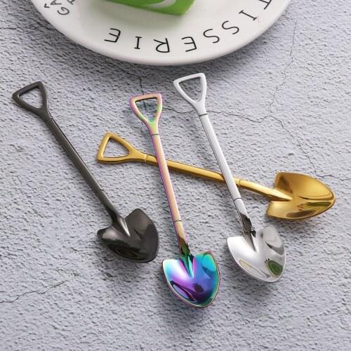 Colorful Spoon Fork Stainless Steel Handle Ice Cream Drinking Spoons Shovel Shape Soup Coffee Tea Spoon Scoop Kitchen Flatware