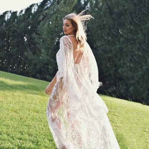 DUISNENA lace sunscreen blouse white V-neck coat sexy beach bikini cover-up flare sleeve swimwear robe Kaftan