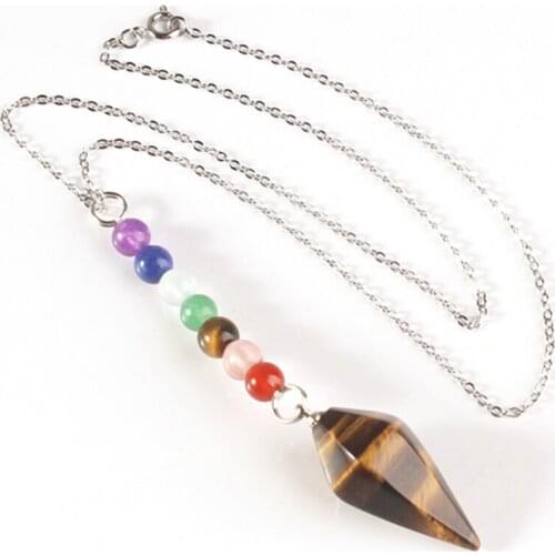 Trendy-beads Silver Plated Tiger Eye Stone Hexagon Pyramid 7 Round Beads Chakra Pendant Necklace Charm Jewelry
