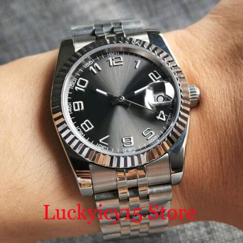 BLIGER 36mm/39mm 21jewels MIYOTA 8215 Grey Sunburst Automatic Men Watch Fluted Bezel Ring Jubilee Bracelet Glass Back