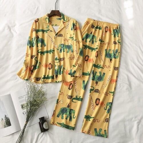 New Women Pajamas Sets 100% Cotton Nightwear Spring Autumn Long Sleeve PyjamasTurn-down Collar Sleepwear Female Pijamas Elephant