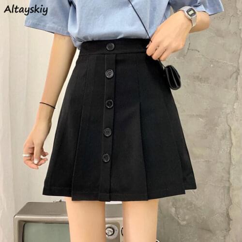 Pleated Skirts Womens Summer Single Breasted High Waist Mini Zipper Korean Preppy Style Chic Girl Elegant Casual 2020 Hot New