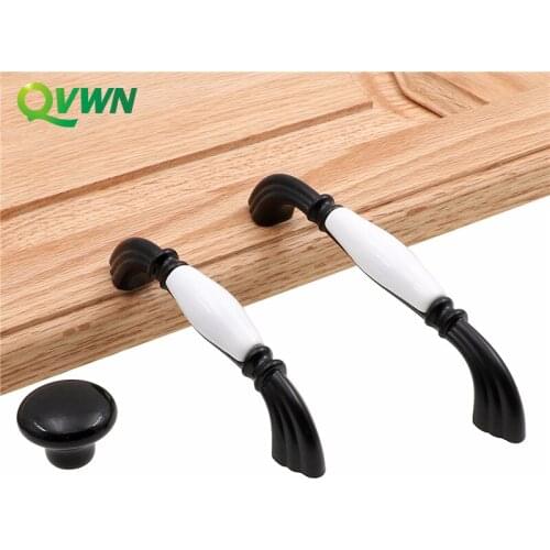 QVWN Ceramic White/Black Cabinet Handles Zinc Alloy Kitchen Cupboard Door Pulls Drawer Knobs Fashion Furniture Handle Hardware
