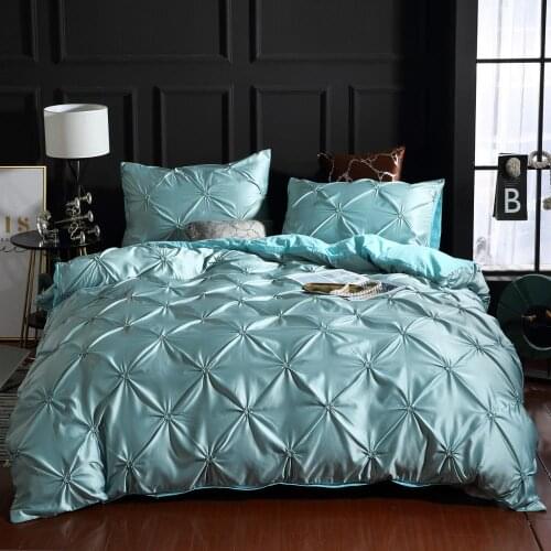 100% Washed Silk Luxury Bedding Cover Set Pull Flower Duvet Cover+Pillowcase 2-3PCS Soft Solid Bed Linens Nobel Sky Blue