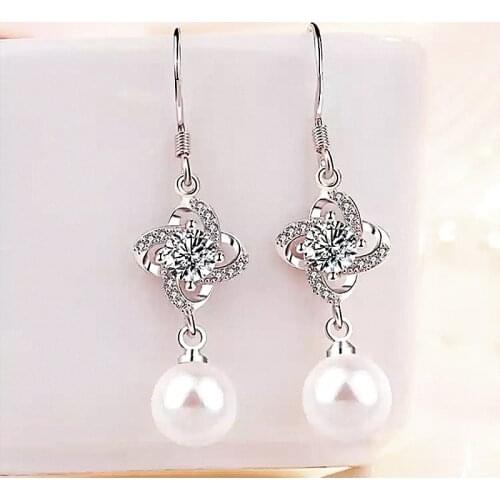 Huitan New Trendy White Imitation Pearl Dangle Earrings for Women with Dazzling Cubic Zirconia Fashion Versatile Female Jewelry
