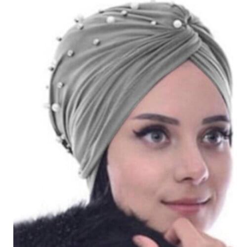 Spring Autumn Women Scarf Ladies Beanie Hat Muslim Women Turban Inner Hijabs Fashion Elegant Beads Decoration Hat One Size 2021