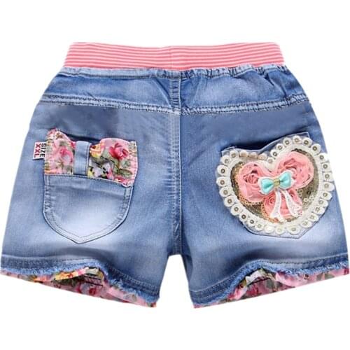 2021 Summer Bottom Elastic Waist Denim Shorts for Girls Casual Kids Clothing with Pocket Appliques Short Pants Jeans Shorts