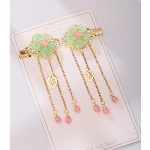 Vintage Green Flower Gold Leaves Tassel Pendant Hair Clips Hanfu Chinese Traditional Hairpin Fresh Girl Hair Accessories LB