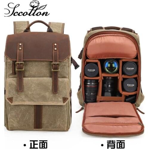 Vintage Durable Canvas and Leather Mens Backpack Unique design Waterproof Photography Camera Bag