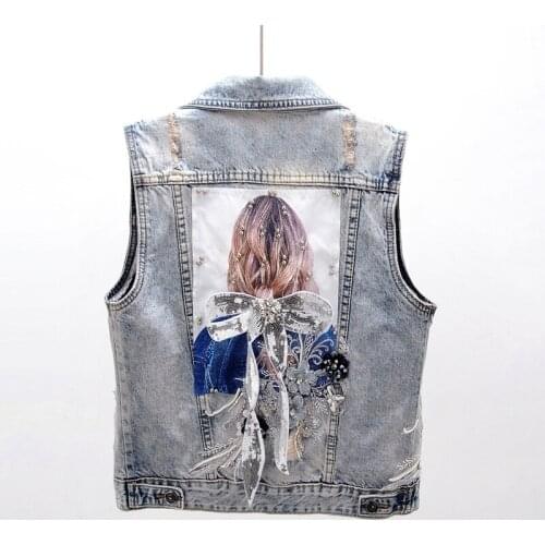 Vintage Blue Denim Vest Women Sleeveless Jacket Coat Beading Diamond Flowers Print Frayed Waistcoat Slim Short Jeans Vest JC222