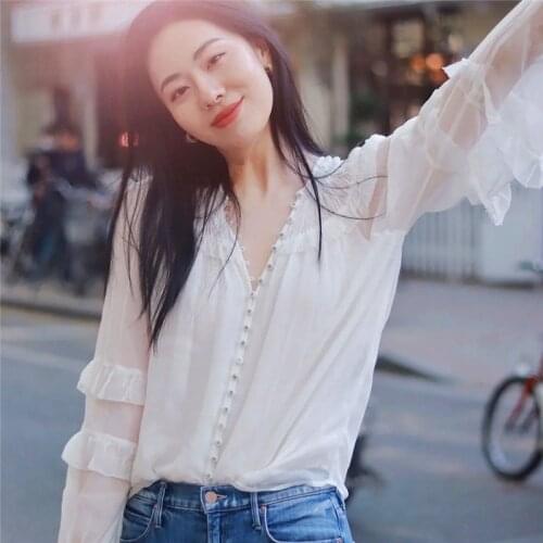 Women T-shirt 2021 The New Summer French Retro Flounce Crepe Chiffon Blouse with Flared Sleeves Two Colors Fashion