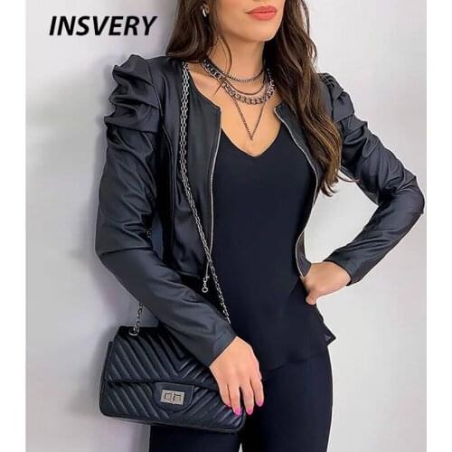 Autumn Pu Leather Jacket Women Solid Pleated Design Zipper Short Jacket Coat For Women Elegant Autumn Jackets Streetwear 2021