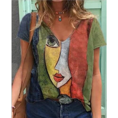 2021 Summer Womens Casual Oversize Print Shirt Tops V Neck Tshirt Loose Vintage Female Tee Streetwear Short Sleeve Clothes