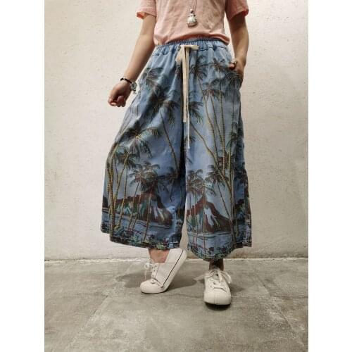Retro Tree Print Ankle Length Denim Pants Women Spring Autumn Loose Plus Size Wide Leg Jeans Trousers T0874