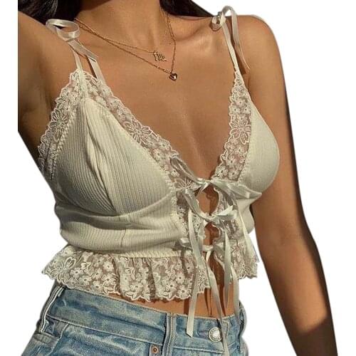 Women’s Fashion Solid Color Camisole Sexy Lace Stitching V-neck Bandage Exposed Navel Top