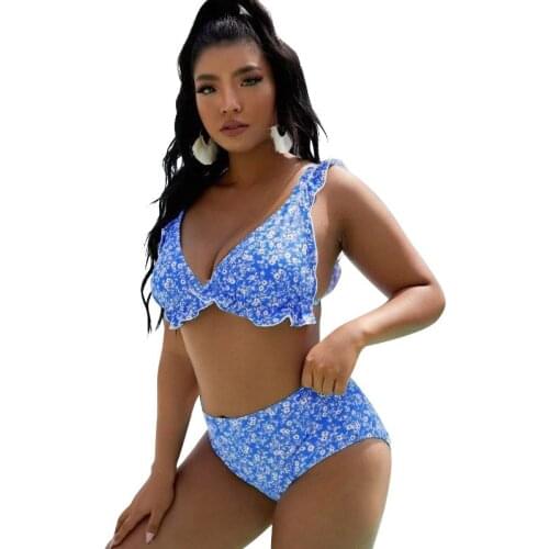 Women Sexy Printed Split Bikini Swimsuit Large Lace Bathing Suit Blue Color Bikini High Waist Set Biquini 2021 Summer Plus Size