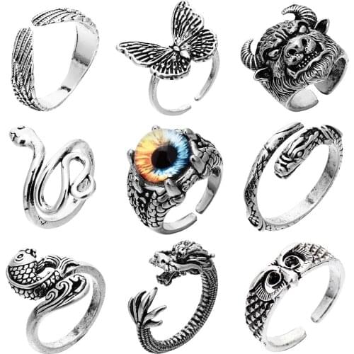 Fashion Snake Ring Retro Animal Silver Color Ladies Finger Rings Unisex Open Adjustable Size Circlet Hoop Butterfly Jewelry