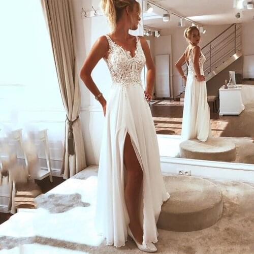 Simple V-Neck Sexy Side Split Beach Chiffon Wedding Dress Top Lace Boho Bride Dress Appliques Custom Made Vestidos De Novia