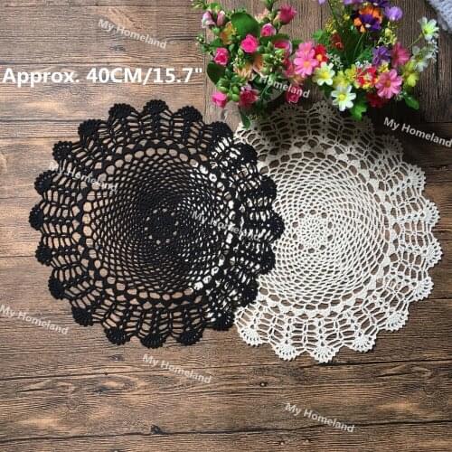 5Pcs 40CM 100% Cotton HandMade Crochet Doilies Cup Mat Pad Coaster Vintage Style Floral Hand Crochet Motifs White Black