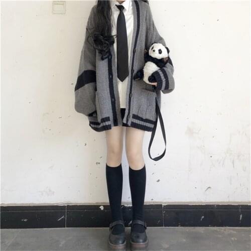 Preppy Style Korean Sweet Girly Cardigan Vintage V-Neck Cute Full Sleeve Single-breasted Pocket Color Contrast Knitting Sweater