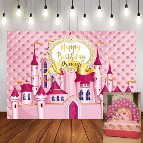 Backdrop for Photography Princess Pink Castle Headboard Happy Birthday Childrens Photographic Backgrounds Photocall Photo Prop