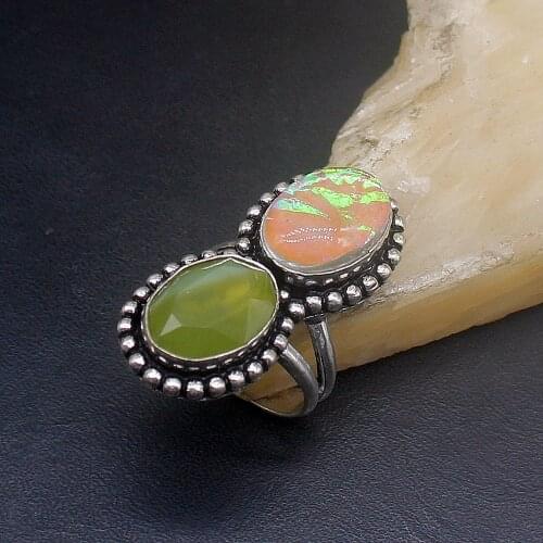 Hermosa Jewelry Double Dichroic Glass Green Jade Silver Color Wedding Charms Band Ring For Women Men Size 6.5 FQ178