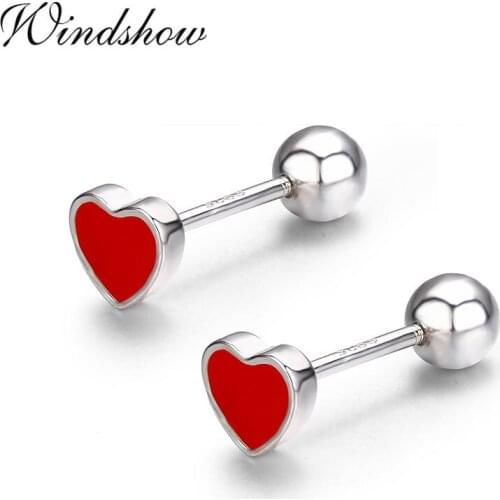 Cute Small Red Peach Heart 925 Sterling Silver Screw Back Stud Earrings For Women Girls Child Kids Jewelry Orecchini Aros Aretes