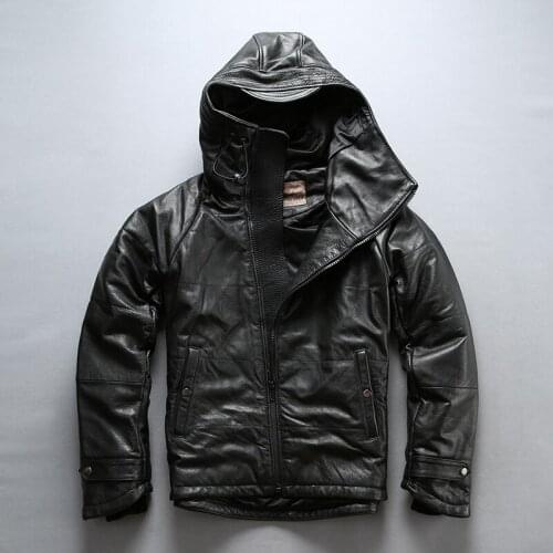 AVIREXFLY 2020 New Men Black Hooded Cow Genuine Leather Down Jacket 100% Real Cowhide Casual Winter Russia Coats