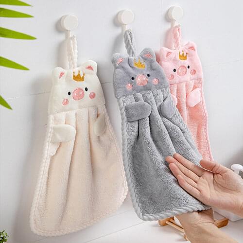 1Pcs Soft Korean Style Hand Towel Cartoon Pig Embroidery Handkerchief for Household Wall Mounted Kitchen Supplies