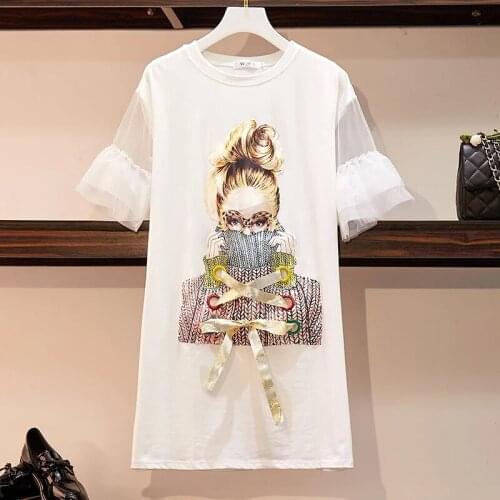 New Arrival Runway Plus Size Womens Fashion Streetwear Spectacles Girl Print Mesh Patchwork Butterfly Sleeve Dresses Vestido