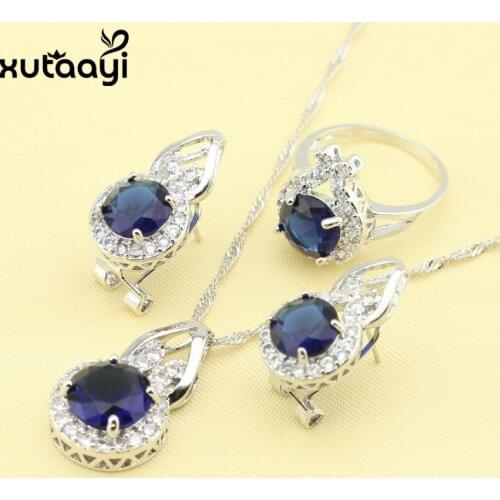 New Fashion Silver Jewelry Sets For Women Blue Zircon White Crysta Superb Necklace Rings Earrings Christmas Gift