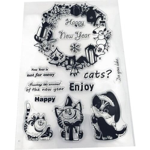 Happy New year Cats Transparent Silicone Clear Stamps DIY Seal for Scrapbooking Card Making Photo Album Decorative Stamp Sheet