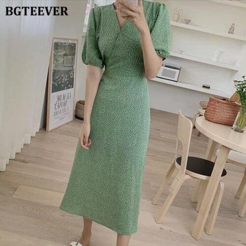 BGTEEVER Elegant V-neck Lantern Sleeve Women Mid-length Green Dress Vintage Lace-up Ladies Floral Print Vestidos 2021 Summer