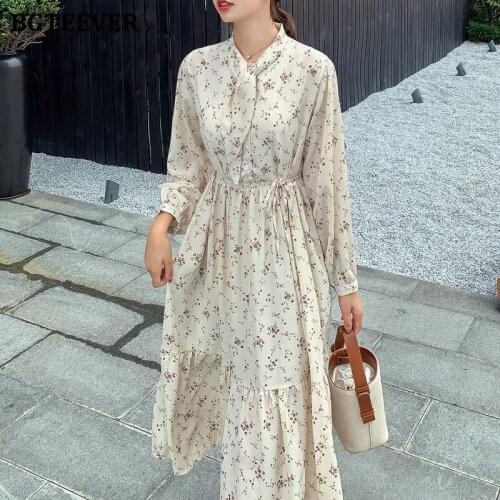 BGTEEVER Spring Bow Neck Chiffon Women Dress Elegant Full Sleeve Elastic Waist Female Lace-up Dress 2021 Floral Print Vestidos