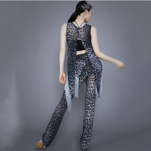 Latin Dance Dress Leopard Print Sexy Backless Tassel Top Pants Ladies Practice Costumes Cha Cha Samba Tango Rumba Wear DNV12725