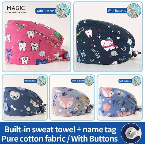 Pink Teeth Print Scrubs Caps Medical Hospital Scrubs Hat Lab Dust-proof Pet Clinic Nurse Cap Surgical Operating Room Button Hats