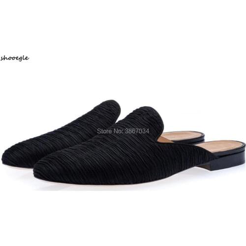 SHOOEGLE Handmade Casual Shoes Wrinkled Mules Black Slippers Men Slip On Moccasins leisure Shoes Men Indoor