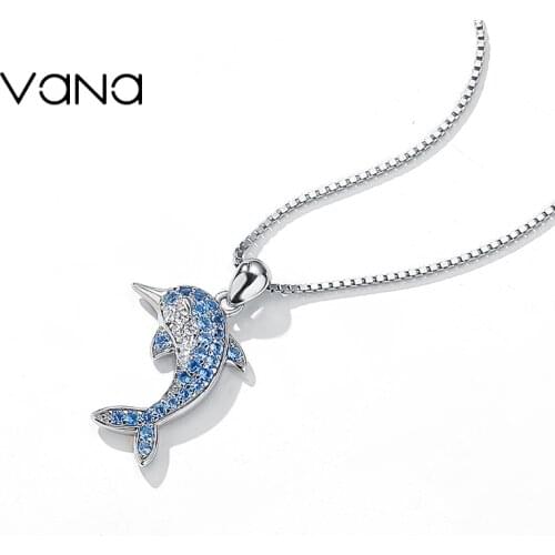 VANA 925 Sterling Silver Dolphin Necklace Set With Blue CZ for Women