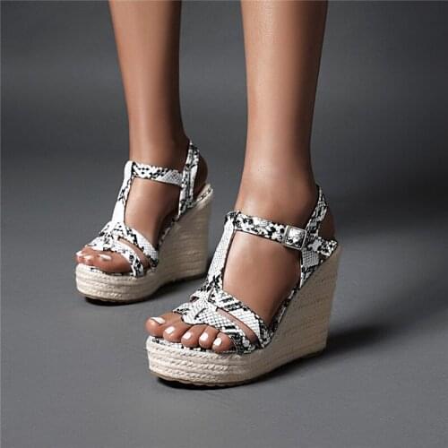YQBTDL Design Snake Print Wedge Sandal for Women Black White Snakeskin High Heel Hemp Weave Platform Wedges Shoes Summer 2020